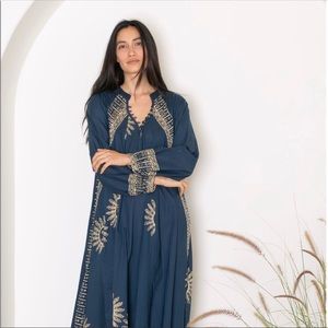 Natalie Martin 100% cotton Fiore Maxi Dress XS. Deep blue celestial sun pattern